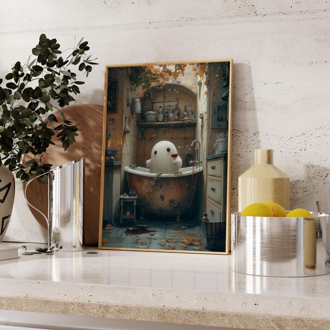 Cute Ghost In Rustic Bathroom Wine Glass Dark Academia Wall Art - Image 3