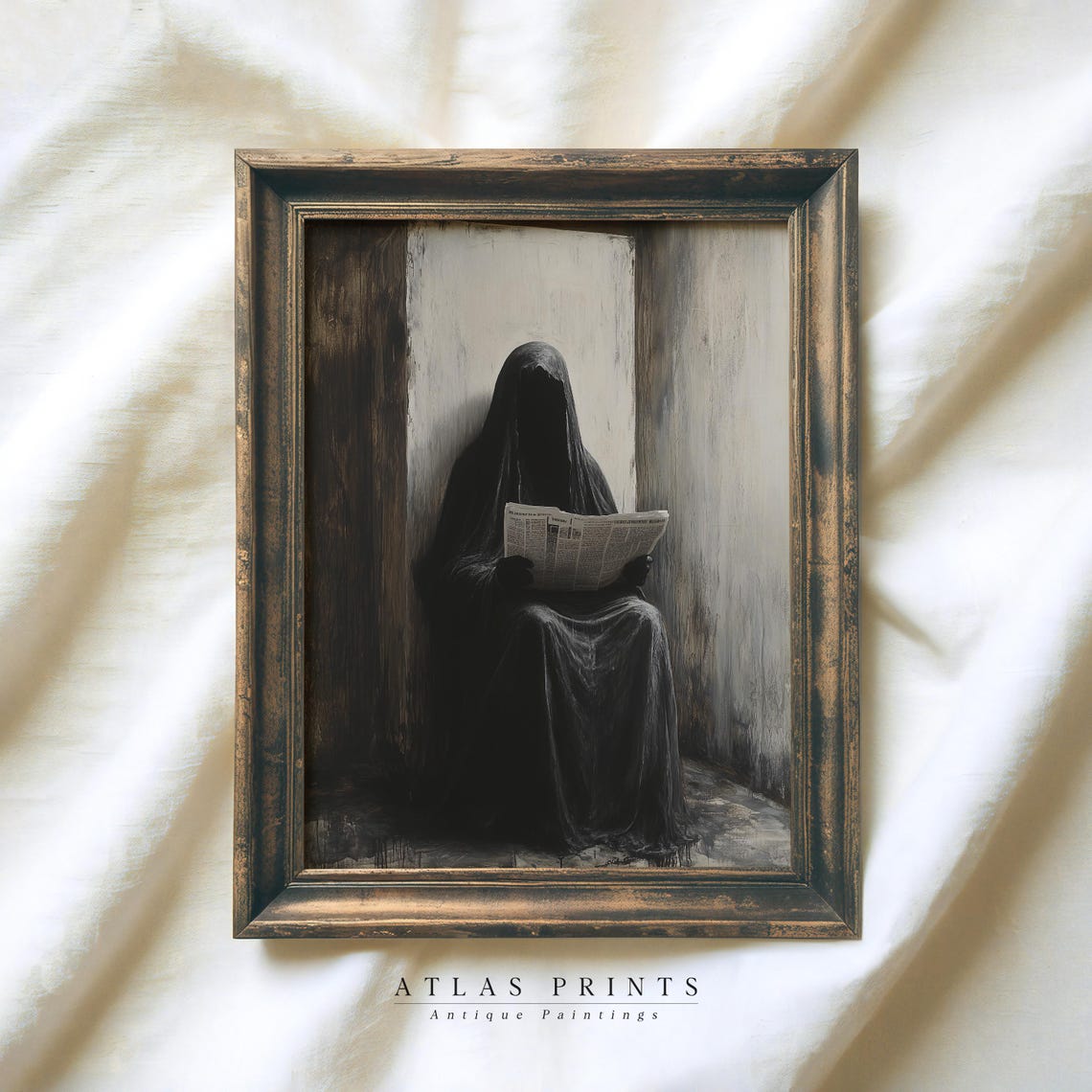 Dark Hooded Ghost Reading A Newspaper Gothic Mystery Art Poster