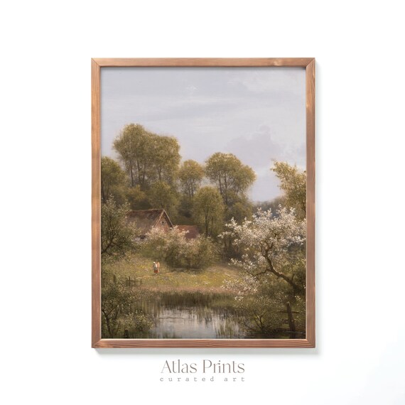 Spring Cottage With Blossoming Tree By A Quiet Pond Farmhouse Poster