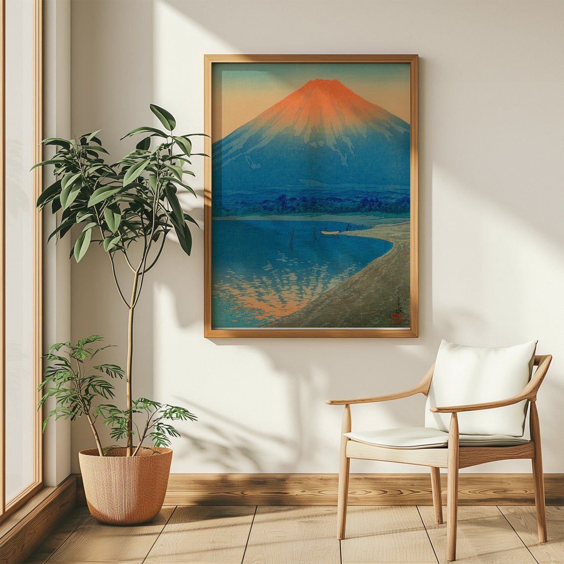Kawase Hasui Red Mount Fuji Over A Lake At Sunrise Woodblock Print - Image 4