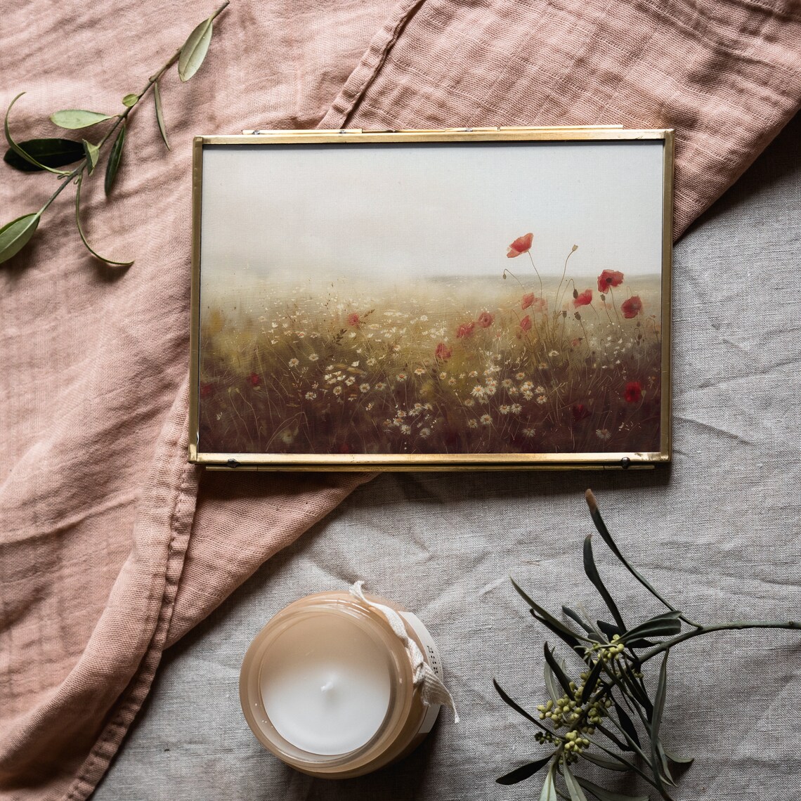 Misty Meadow With Red Poppies And White Wildflowers Dawn Painting Print - Image 3