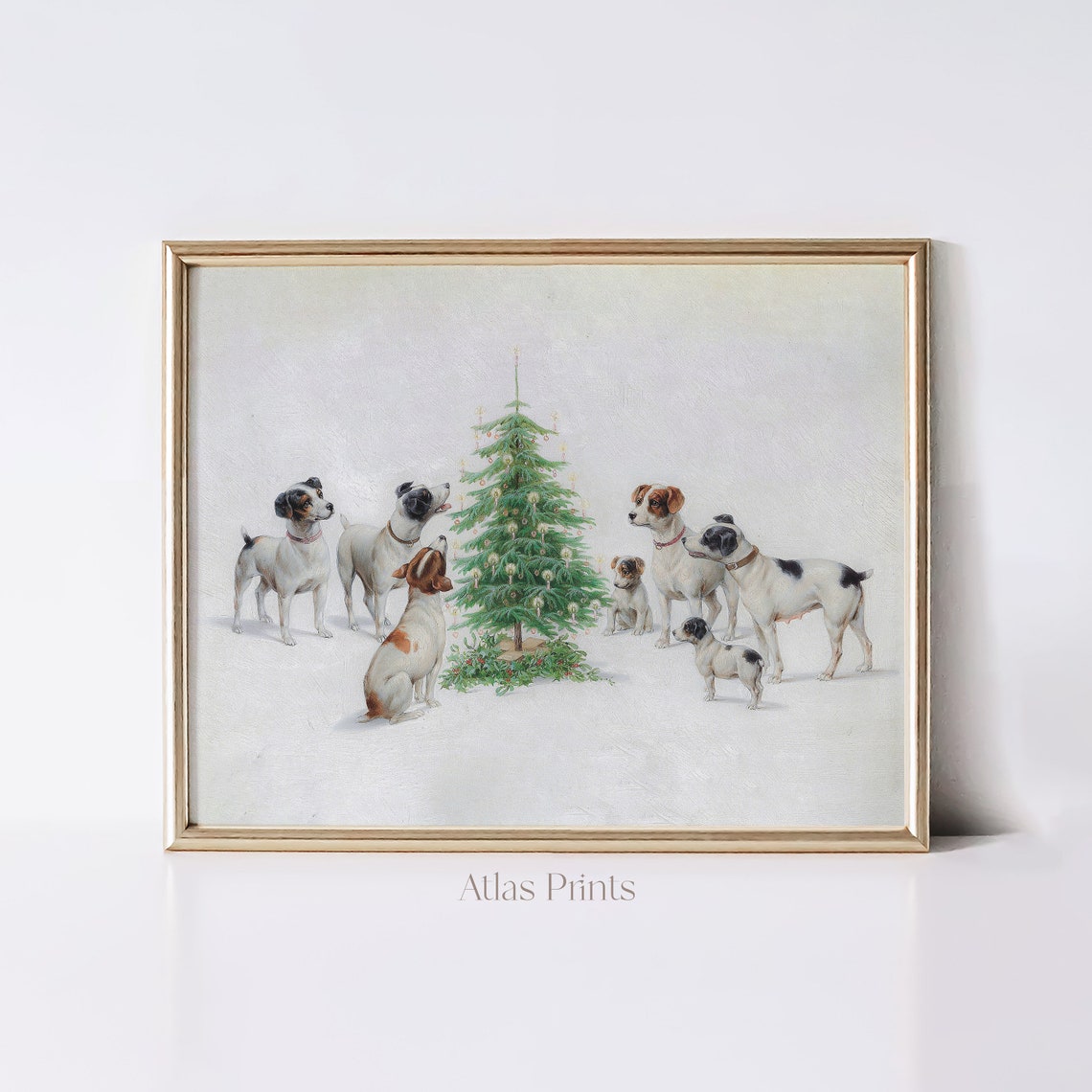 Vintage Dogs Around Christmas Tree Holiday Puppy Gathering Art Poster