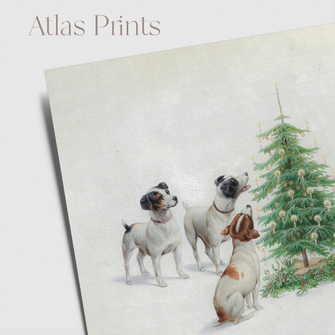 Vintage Dogs Around Christmas Tree Holiday Puppy Gathering Art Poster - Image 2