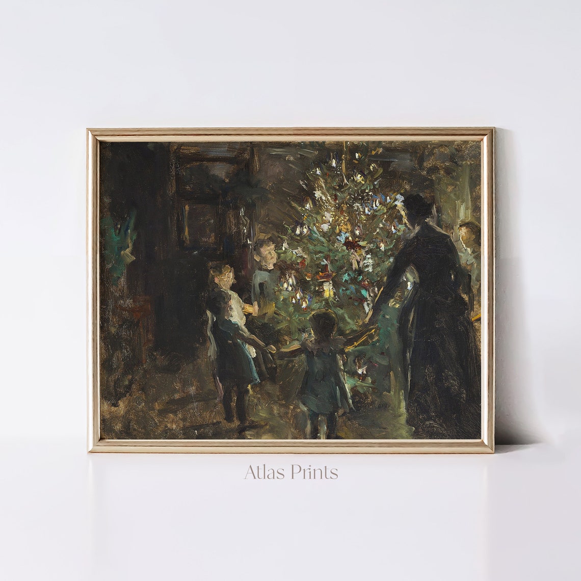 Antique Family Around Christmas Tree Candlelight Vintage Oil Poster