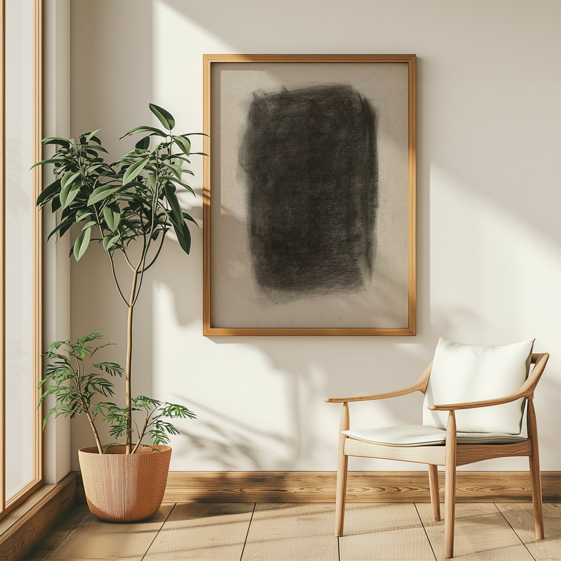 Dark Abstract Charcoal Black Square Minimalist Moody Wall Art - Image 2
