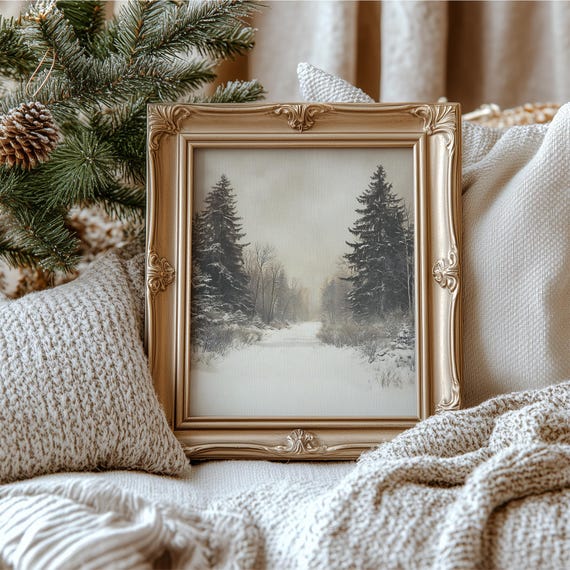 Vintage Winter Pine Tree Forest Landscape Print Moody Christmas Decor Rustic Snowy Forest Sketch Farmhouse Art Prints