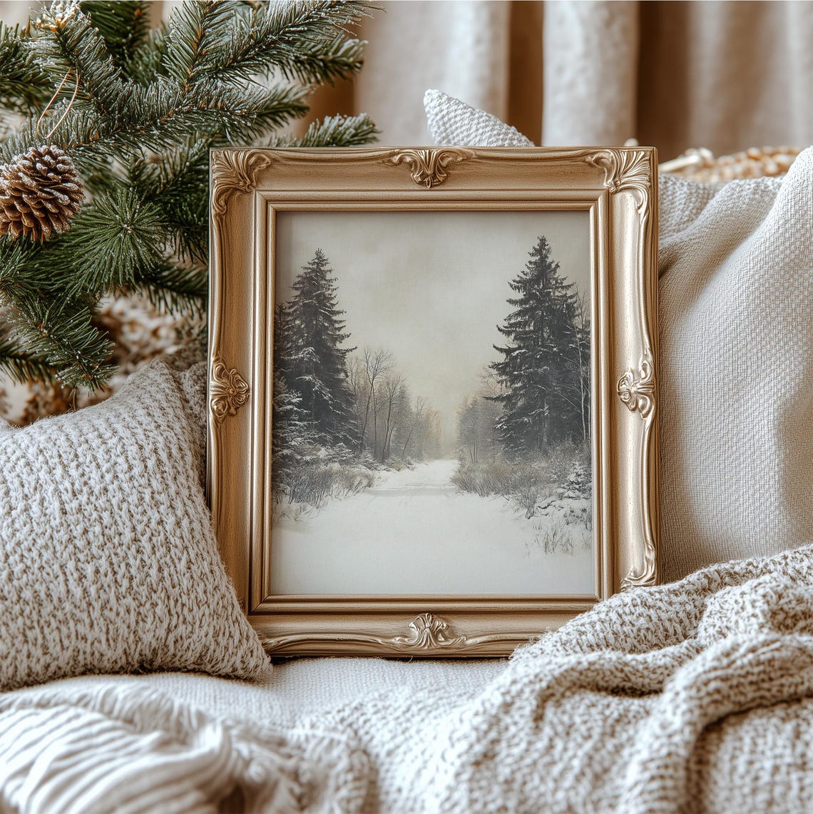 Snowy Winter Pine Forest Path Moody Vintage Landscape Painting Poster
