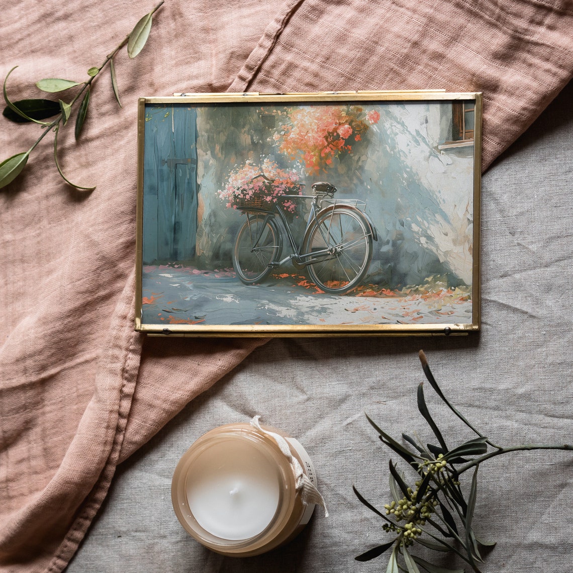 Vintage Bicycle With Flower Basket Spring Blossom Street Scene Poster - Image 3