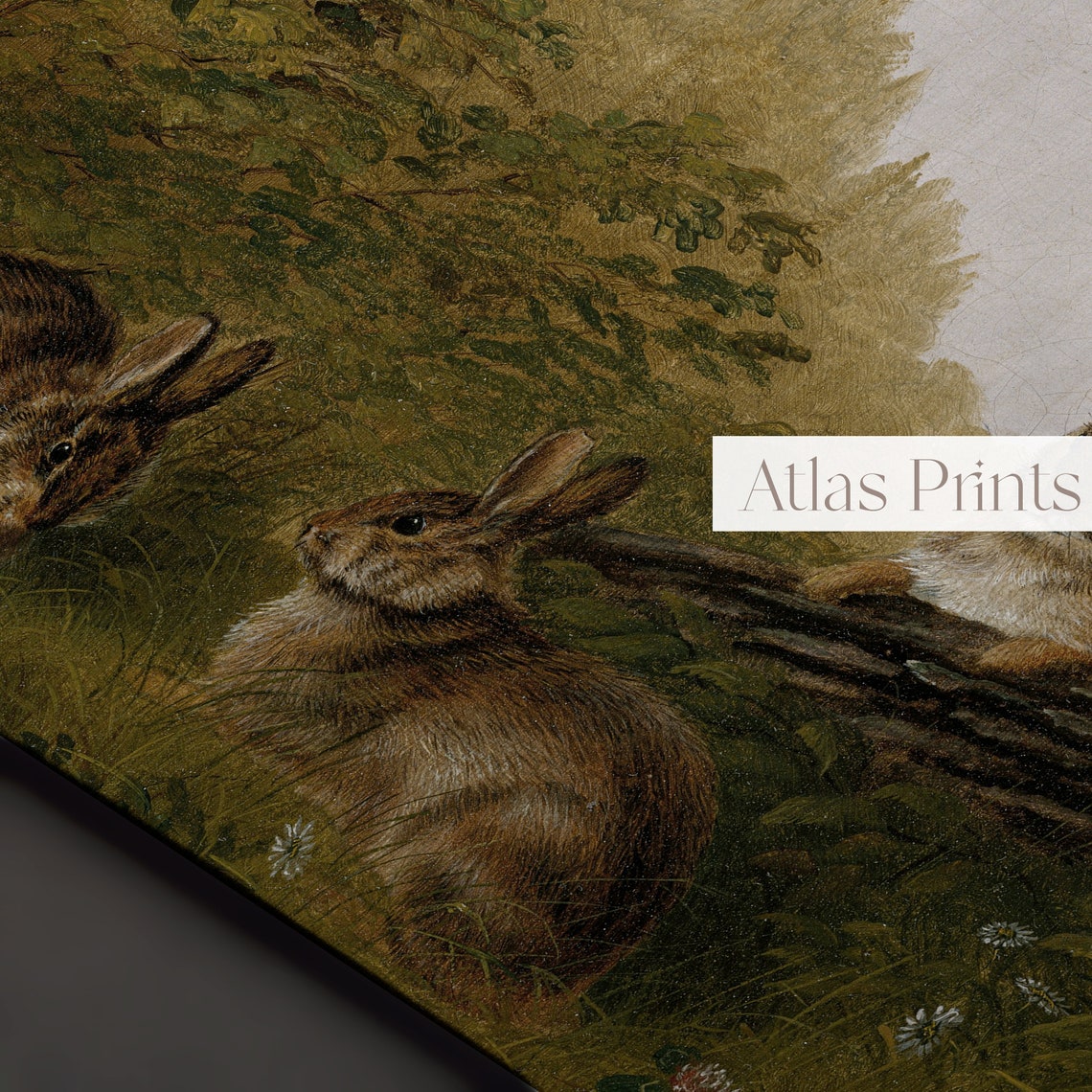 Vintage Rabbit Oil Painting Three Hares Forest Scene Rustic Poster - Image 2