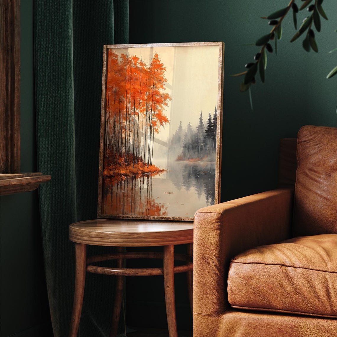 Autumn Trees By Misty Lake Orange Foliage Reflection Painting Poster - Image 5