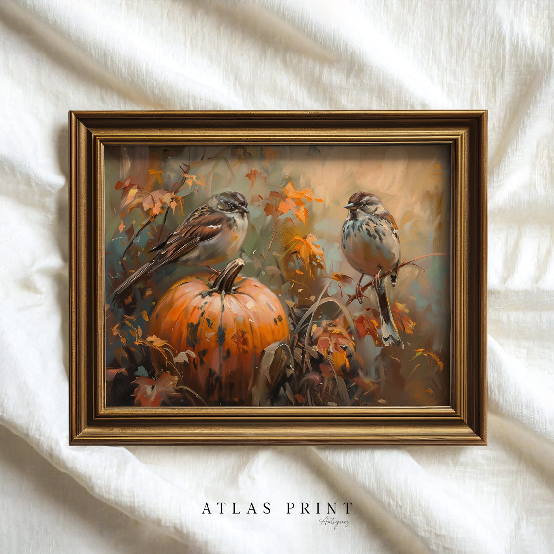 Two Sparrows On Pumpkin Autumn Oil Painting Fall Birds Wall Art - Image 4