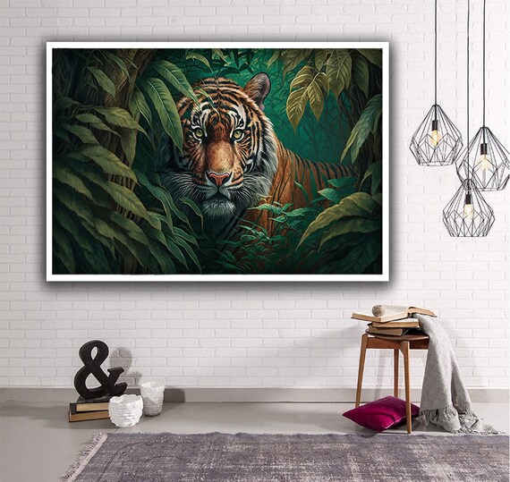 Tiger Peeking Through Lush Green Jungle Leaves Wildlife Art Poster