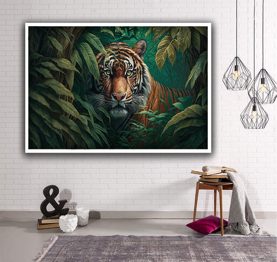Tiger Peeking Through Lush Green Jungle Leaves Wildlife Art Poster