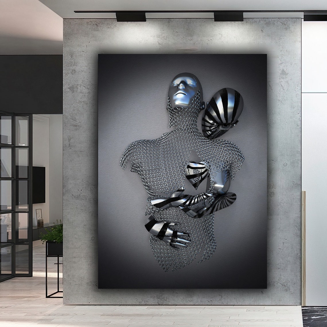 Metallic Chainmail Embracing Couple 3D Effect Modern Sculpture Poster