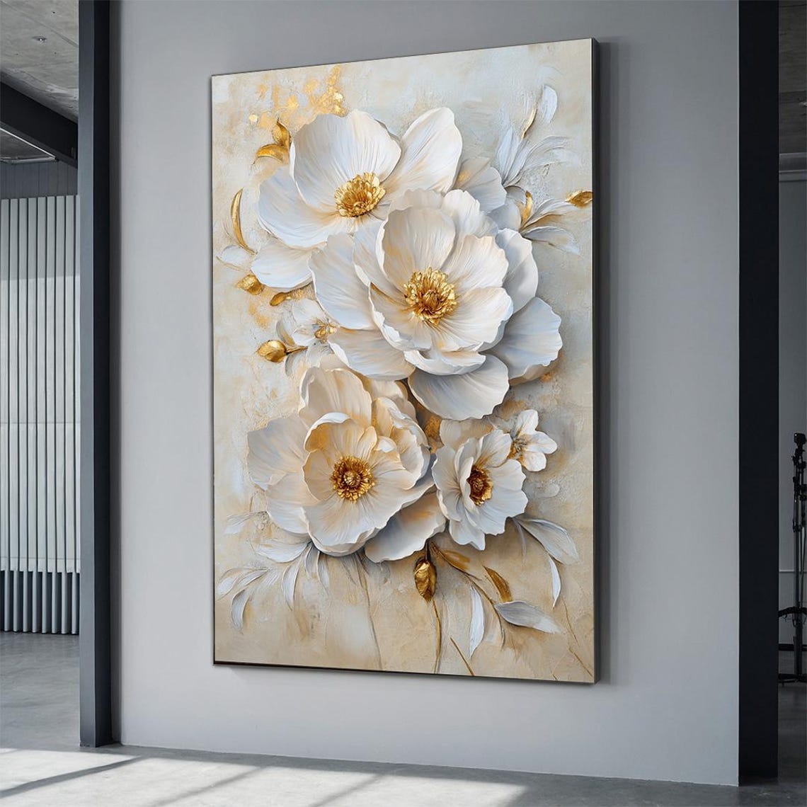 White Flowers Golden Centers Textured 3D Elegant Floral Art Print