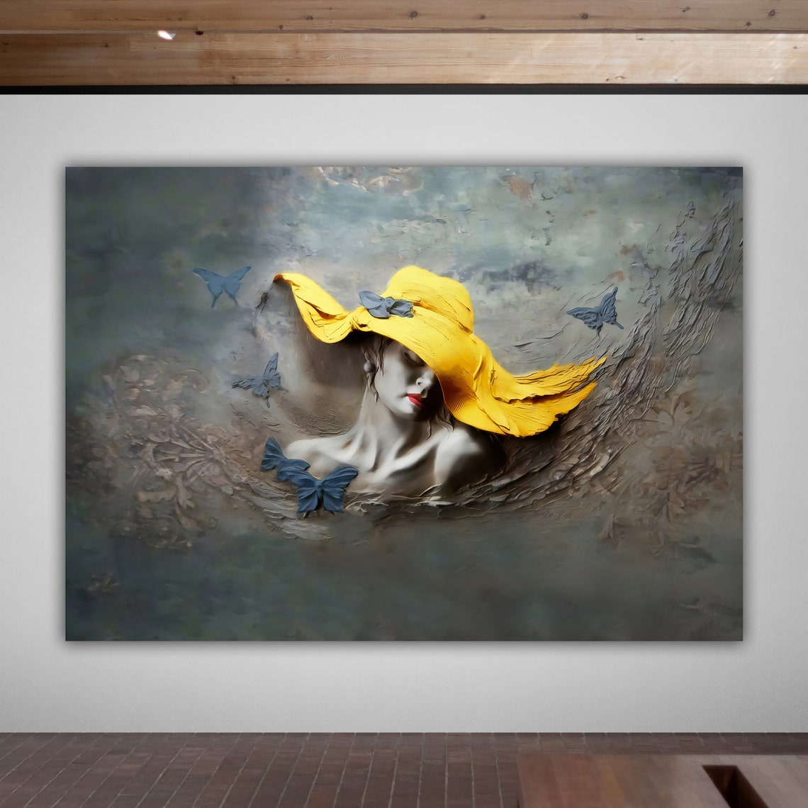Woman Yellow Hat Blue Butterflies 3D Sculpted Fashion Art Print