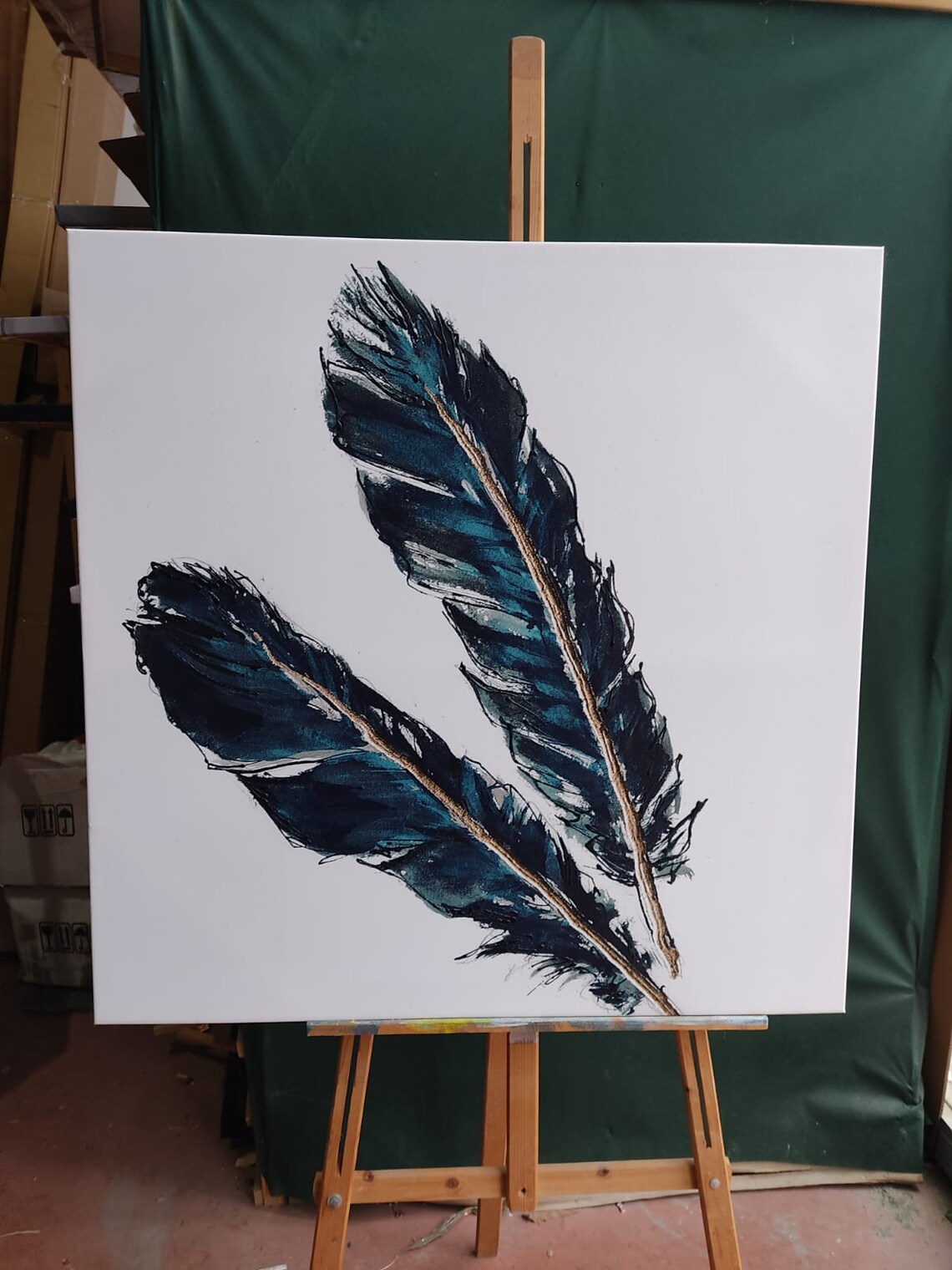 Navy Blue Feathers Gold Shaft Minimalist White Background Wall Art