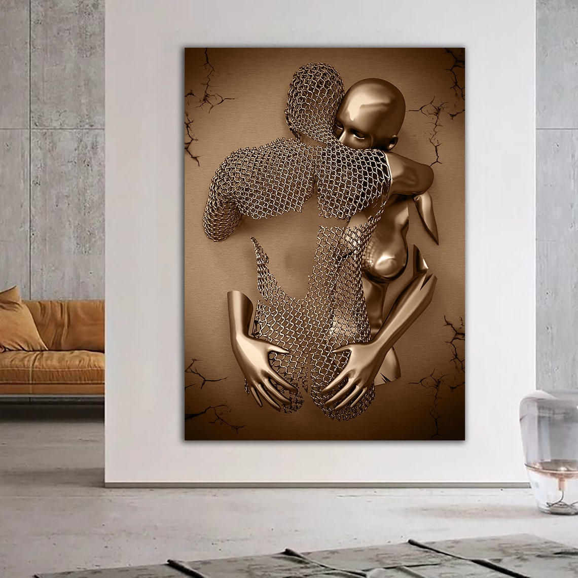 Bronze Couple Embrace Warm Tones Metallic 3D Effect Romantic Wall Art