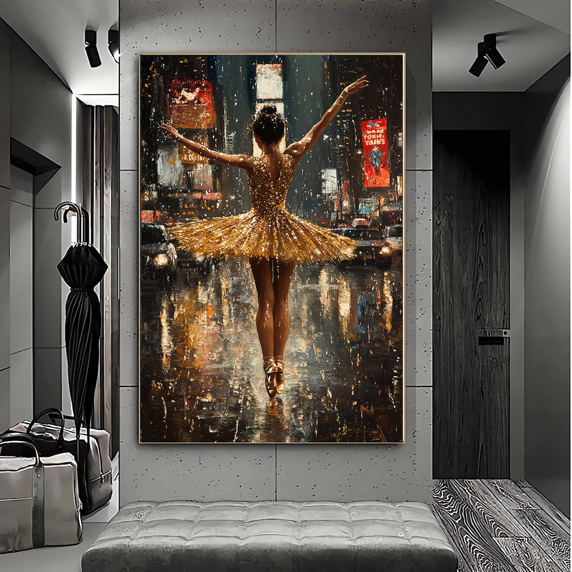 Dancing In The Rain Ballerina, Elegant Impasto Art Print