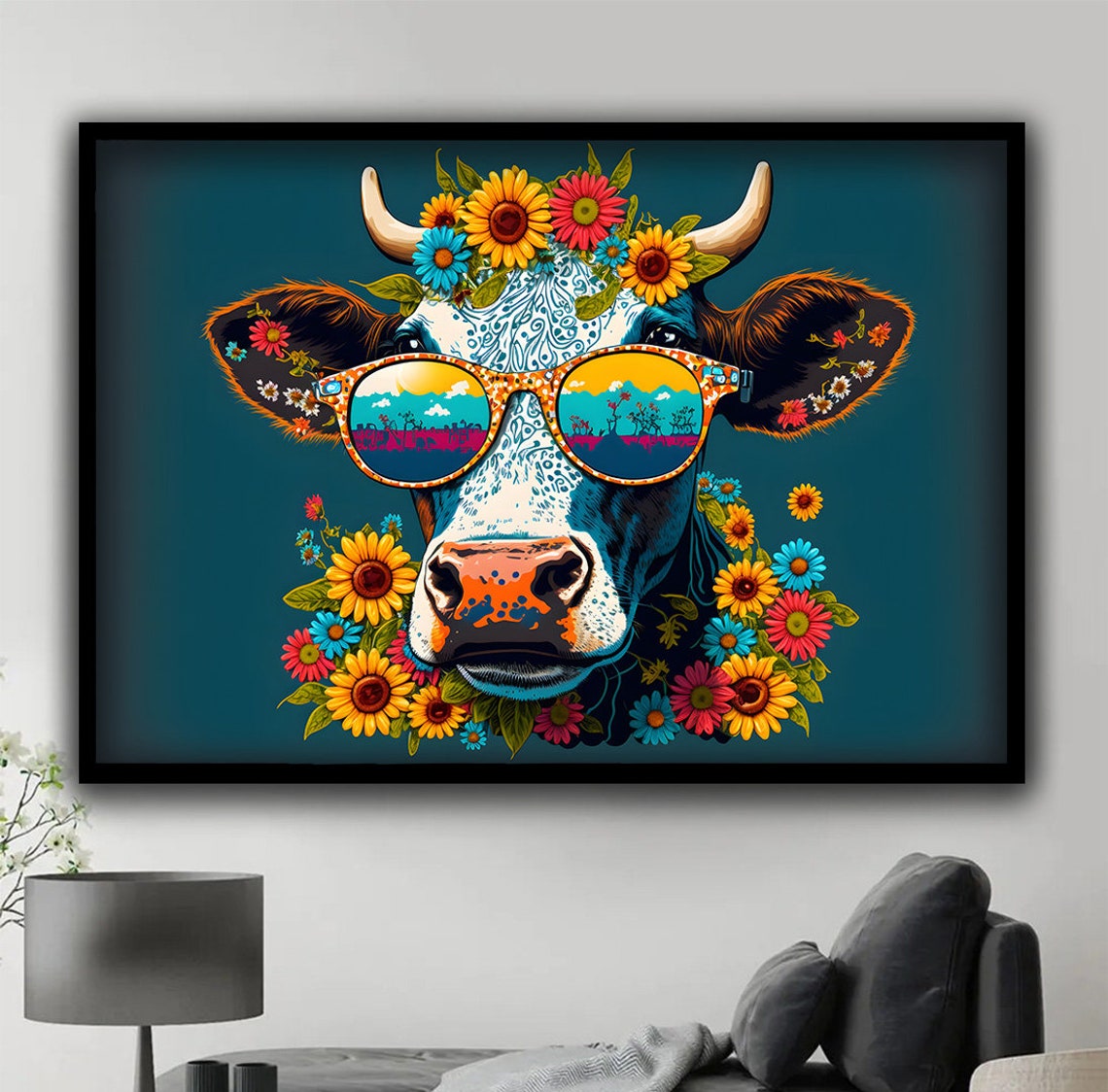 Bold Colorful Cow Wearing Sunglasses Floral Crown Pop Art Poster