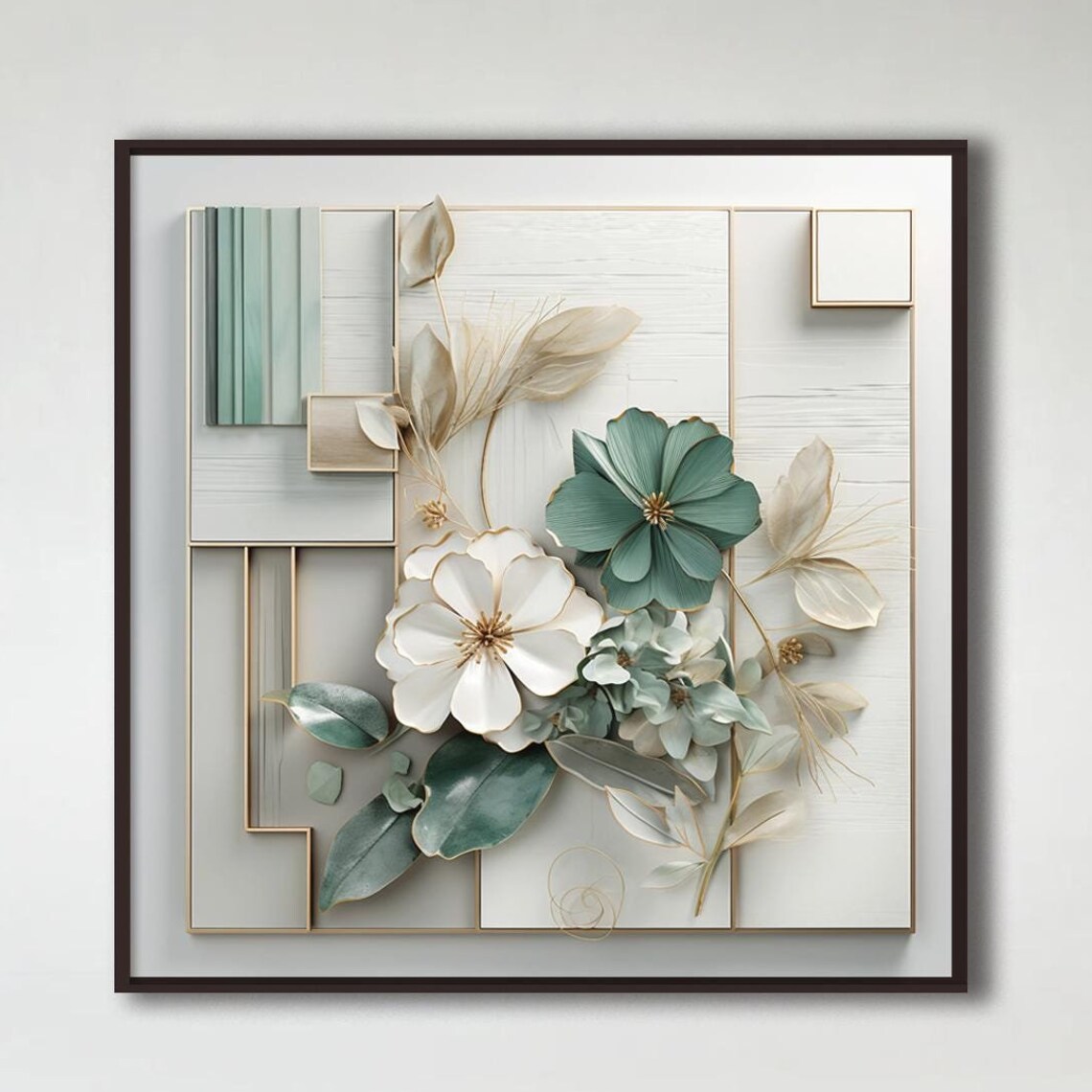 Elegant White Teal 3D Flowers Gold Geometric Minimalist Floral Poster