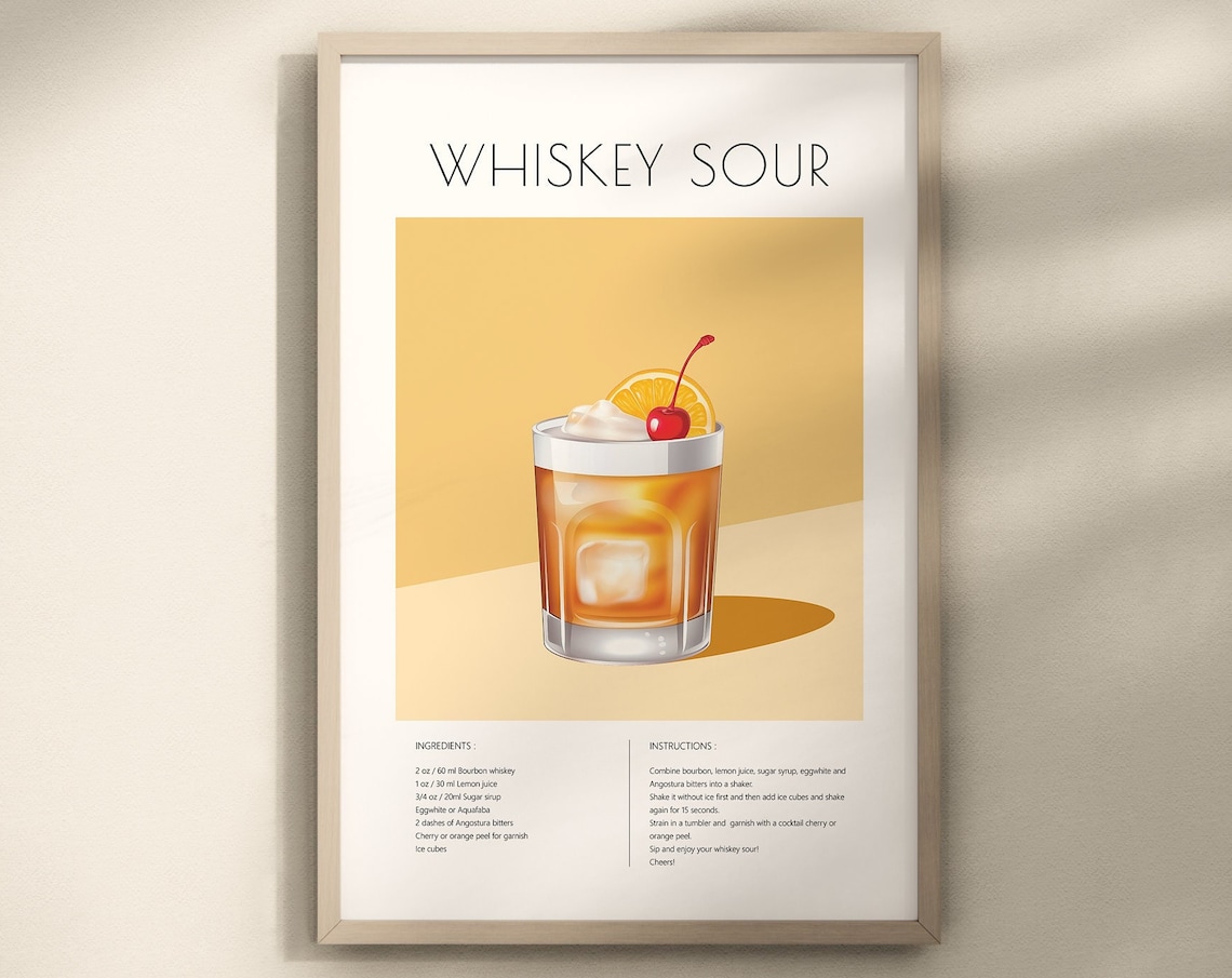 Whiskey Sour Cocktail Poster, Bar Cart Decor