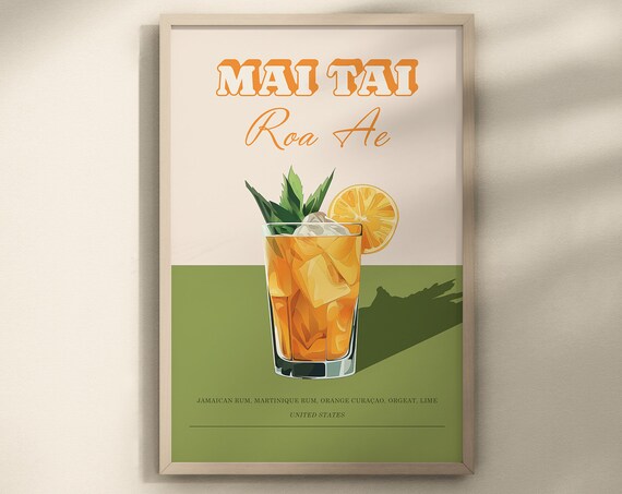 Mai Tai Tiki Cocktail Recipe Retro Tropical Bar Decor Poster