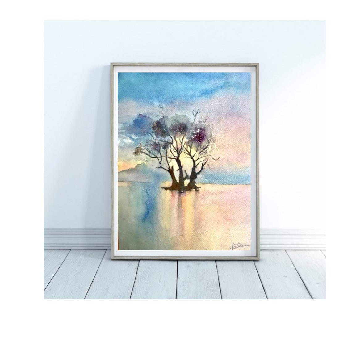 Lone Tree Reflected in Still Water at Sunset Watercolor Poster