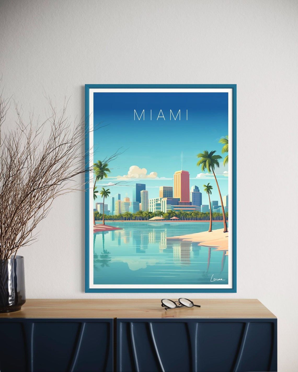 Miami Florida Skyline Beach Palms Retro Coastal Travel Wall Poster