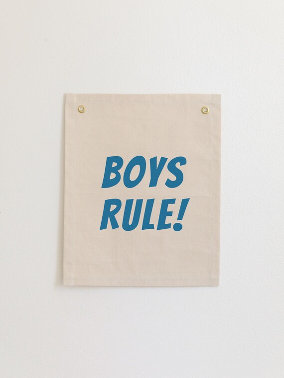 Boys Rule Exclamation Blue Comic Lettering Kids Canvas Flag Wall Art