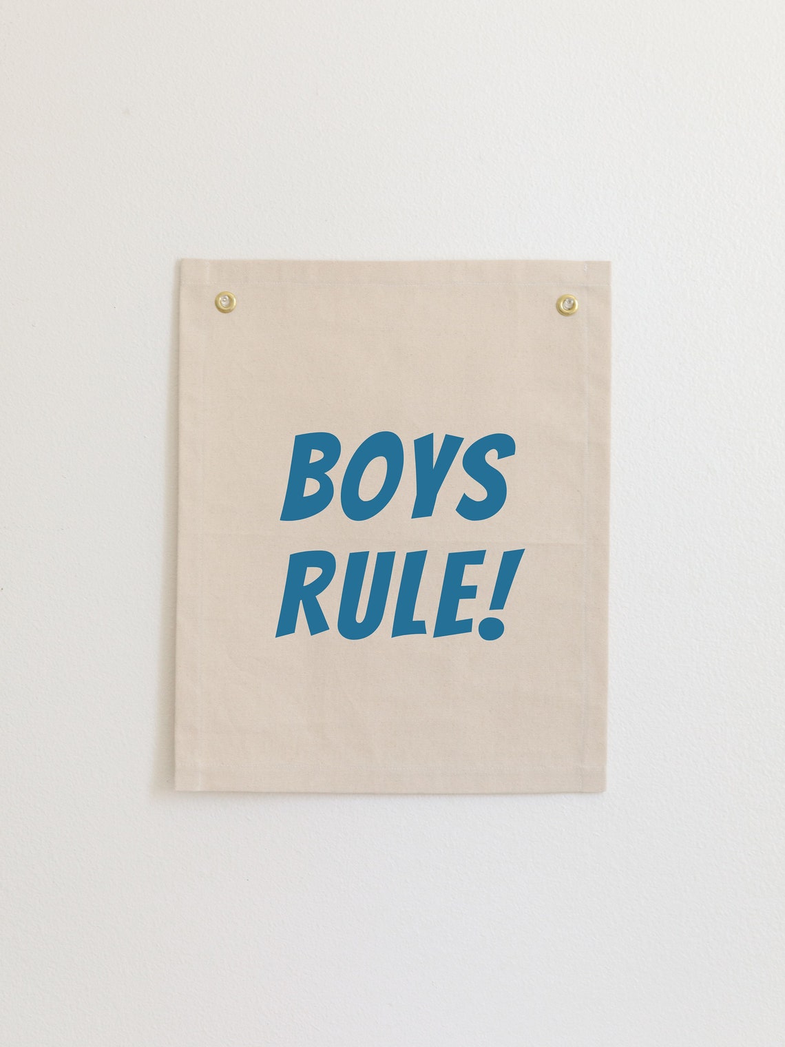 Boys Rule Exclamation Blue Comic Lettering Kids Canvas Flag Wall Art