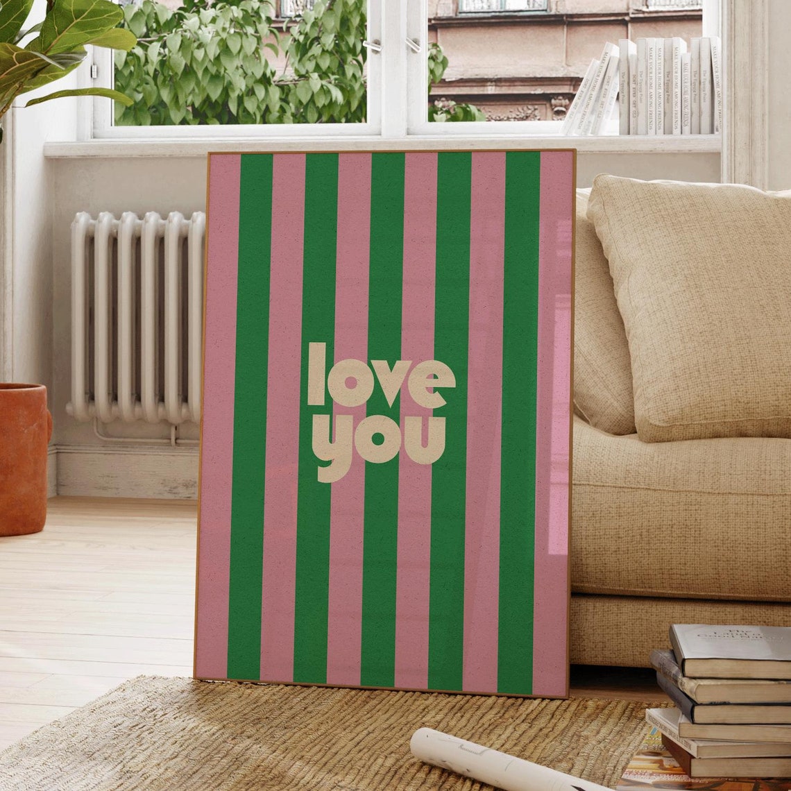 Love You Retro Poster with Green and Pink Vertical Stripe Design