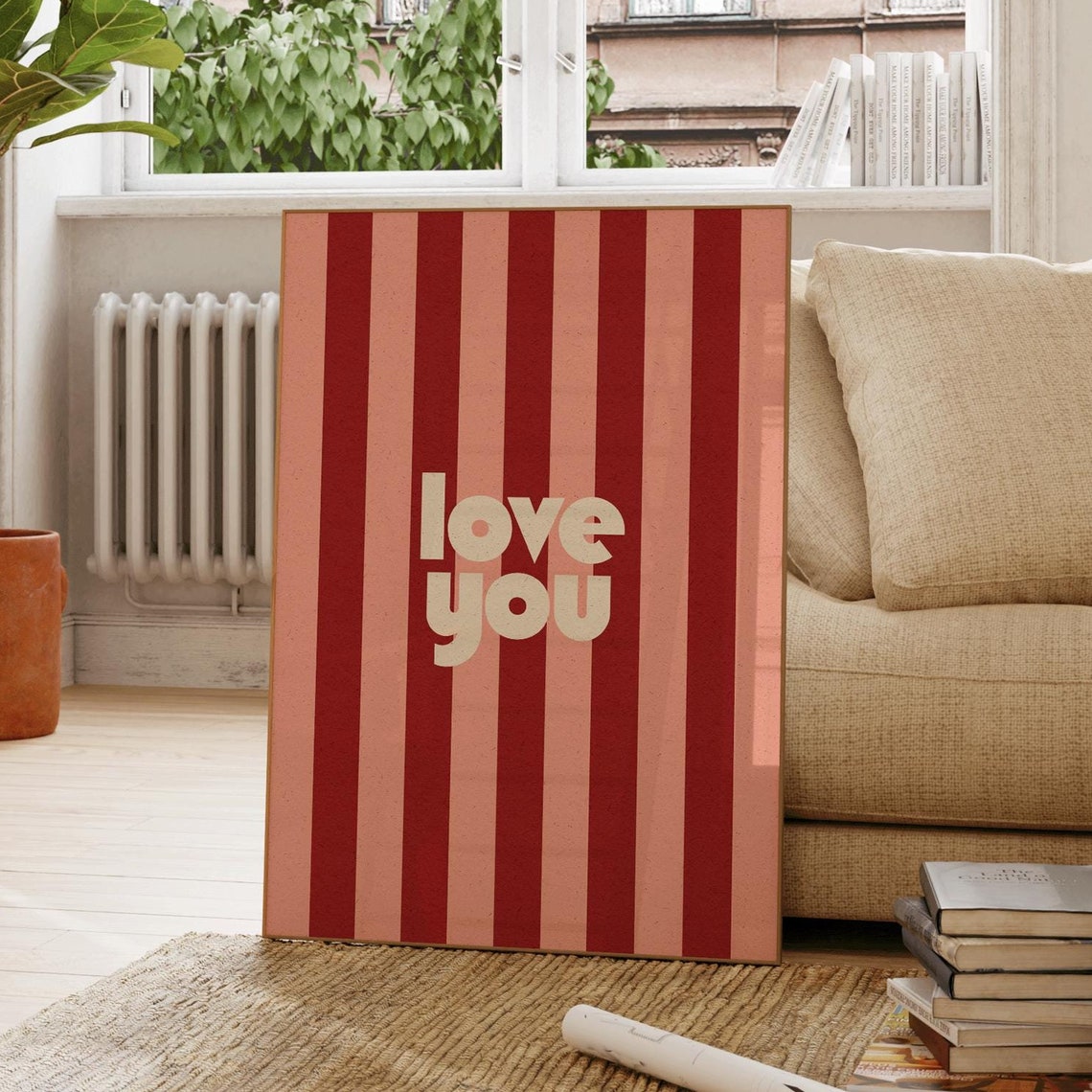Love You Retro Poster with Red and Pink Bold Vertical Stripes