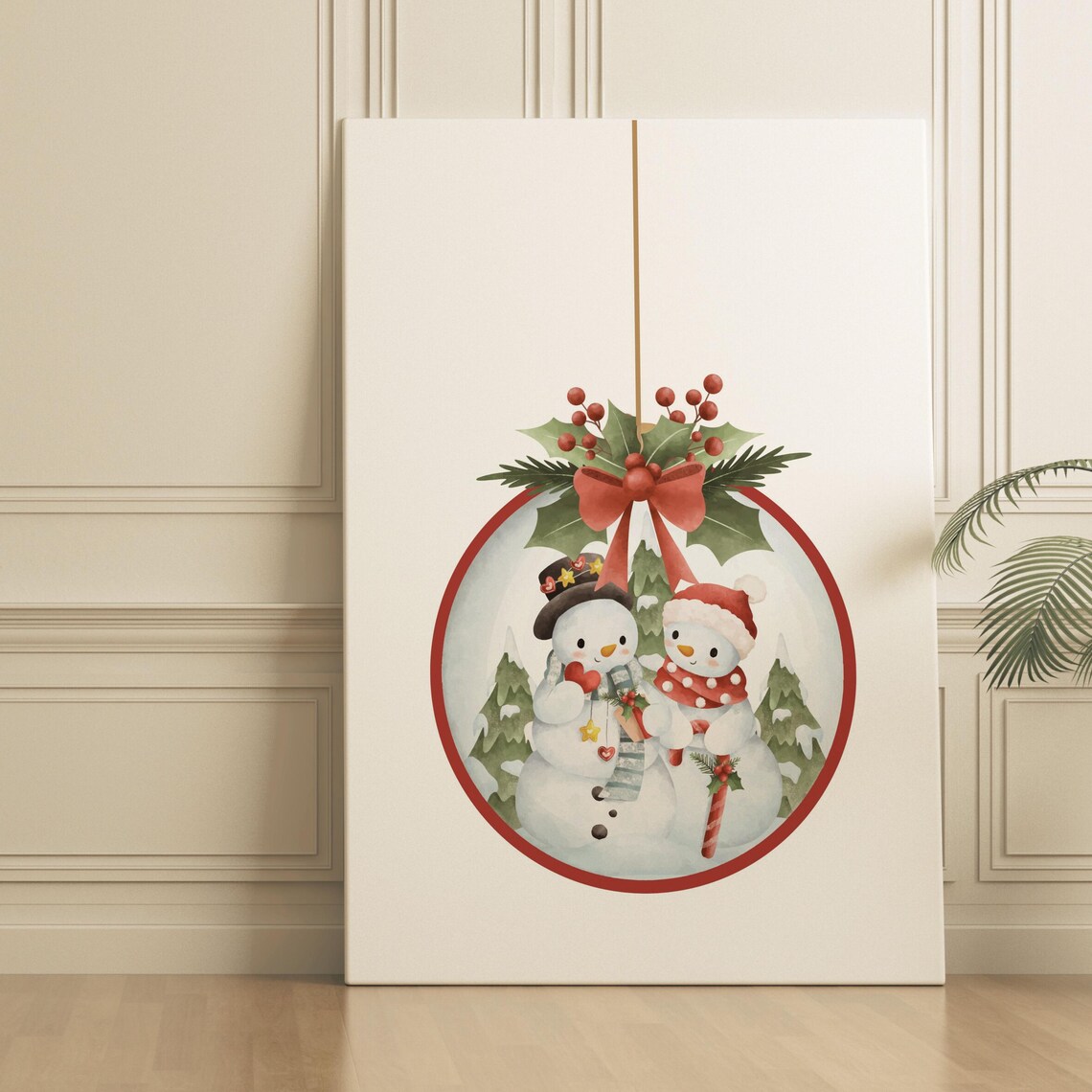 Romantic Snowman Couple Watercolor Christmas Scene - Image 2