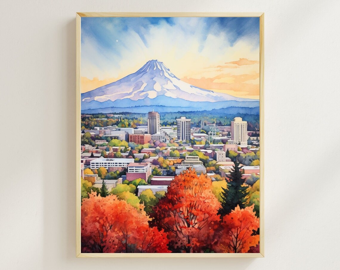 Portland Oregon Watercolor Art Print, Mount Hood Cityscape