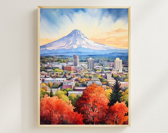 Portland Oregon Watercolor Art Print, Mount Hood Cityscape