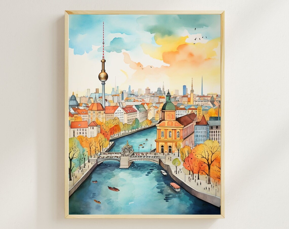 Berlin Skyline Watercolor Art Print, Spree River