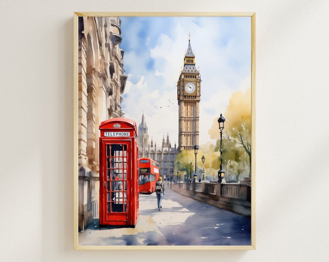 London Watercolor Art Print, Big Ben and Telephone Box