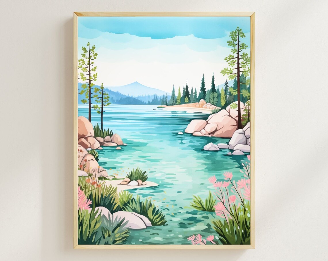 Lake Tahoe Watercolor Turquoise Pine Lake Mountain Travel Poster