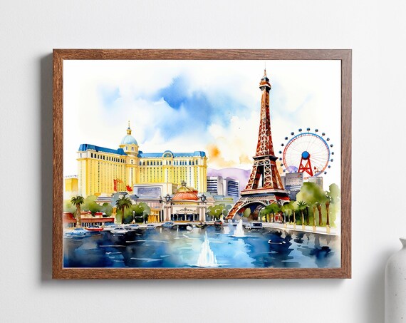 Las Vegas Strip Skyline Watercolor Eiffel Tower Ferris Poster