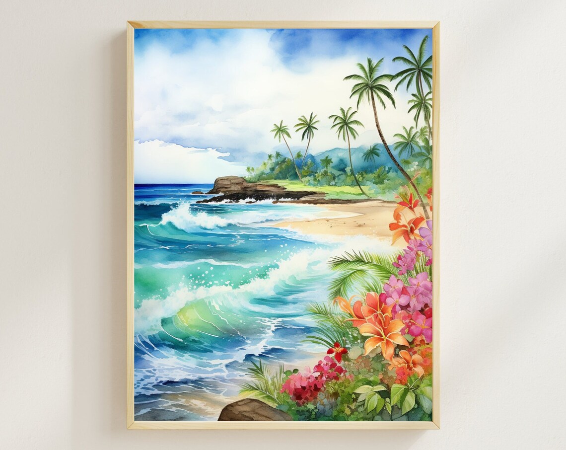 Maui Beach Watercolor Art Print, Hawaii Coastal