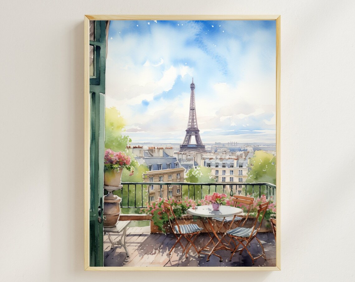 Paris Eiffel Tower Watercolor Print, France Balcony View