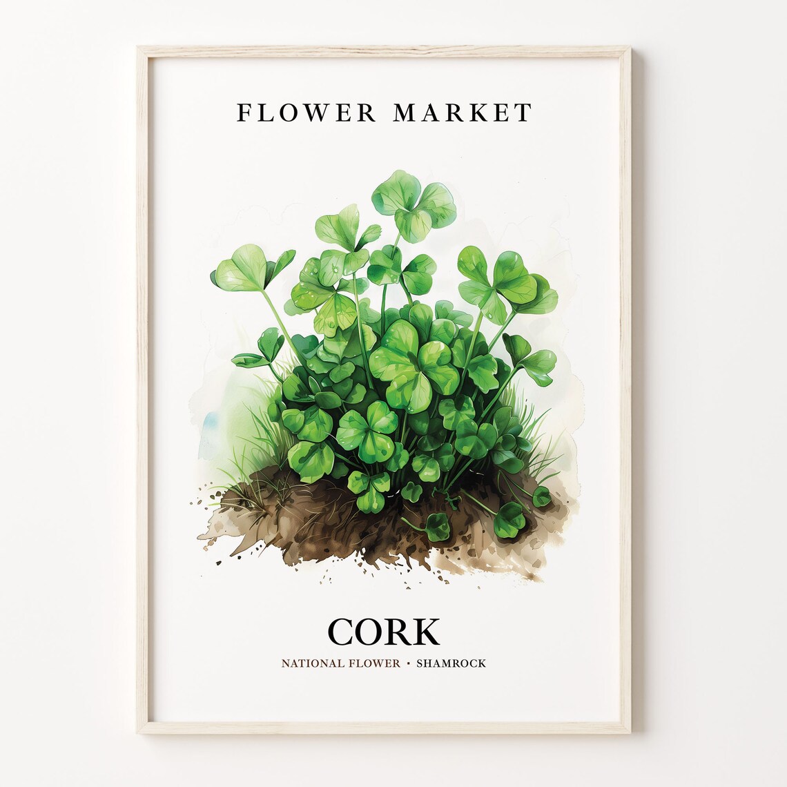 Cork Shamrock Flower Market Green Clover Watercolor Botanical Art Poster