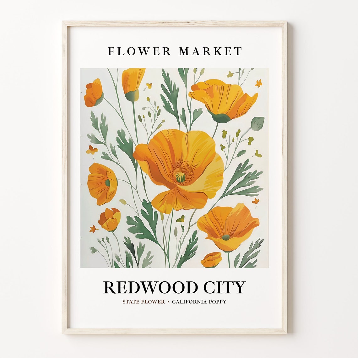 Redwood City California Flower Market Art Print California Poppy Wall Art Botanical Pastel Artwork Redwood City Flower C31 158