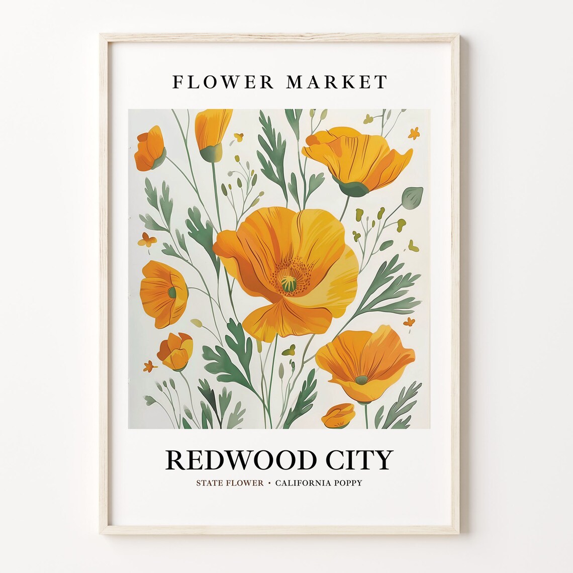 Redwood City California Poppy Flower Market Botanical Poster