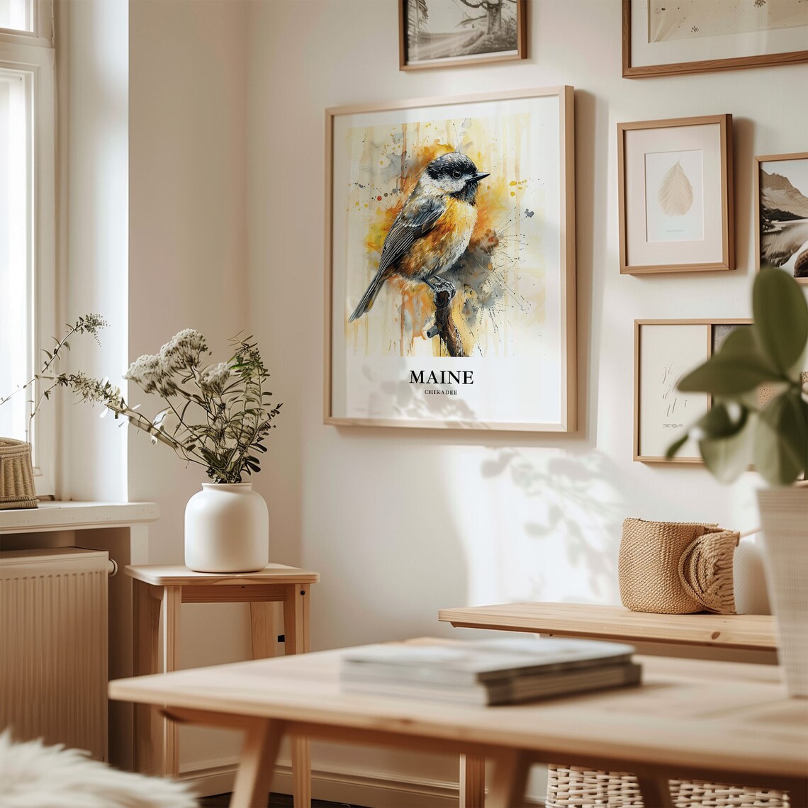 Maine Chickadee Songbird Native Amber Watercolor Bird Art Poster - Image 2