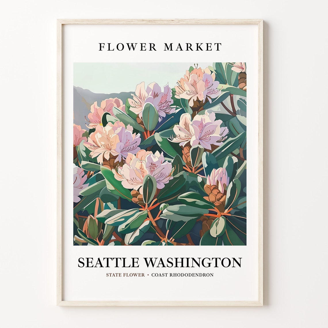 Seattle Coast Rhododendron Bloom Botanical Flower Market Poster