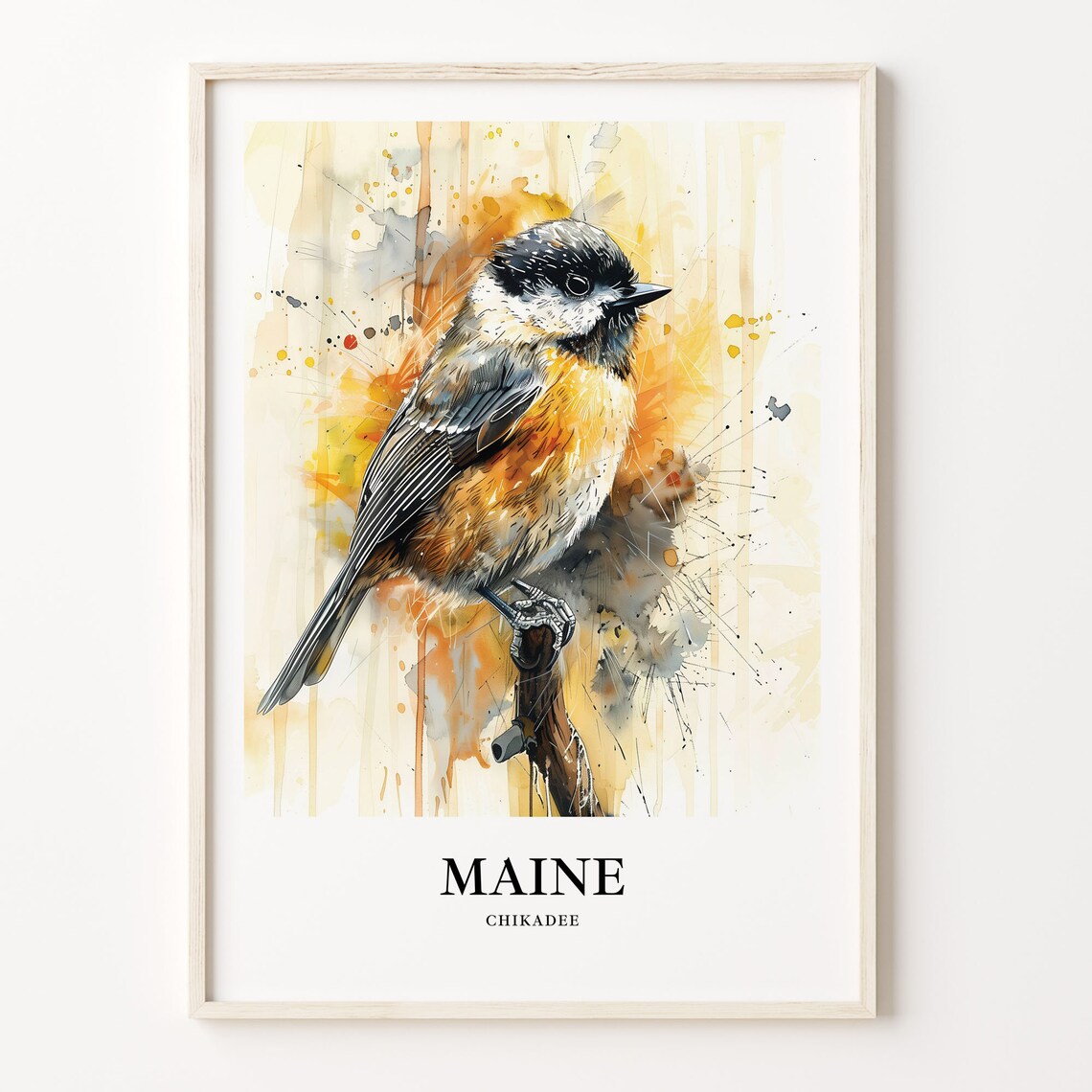 Maine Chickadee Songbird Native Amber Watercolor Bird Art Poster