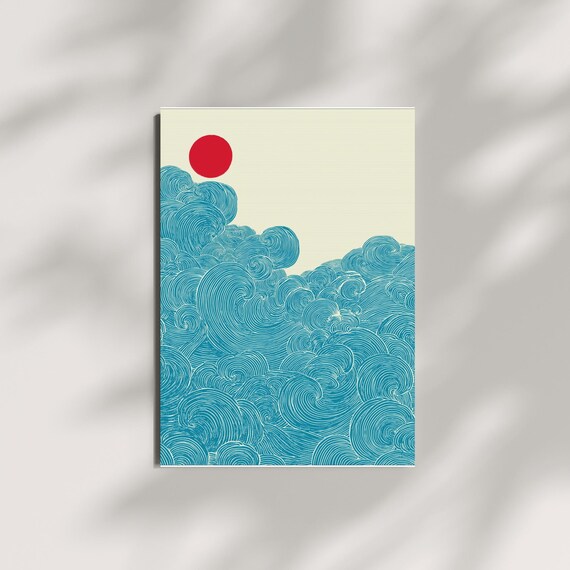 Minimalist Japanese Ocean Waves Art with Red Sun Circle Poster