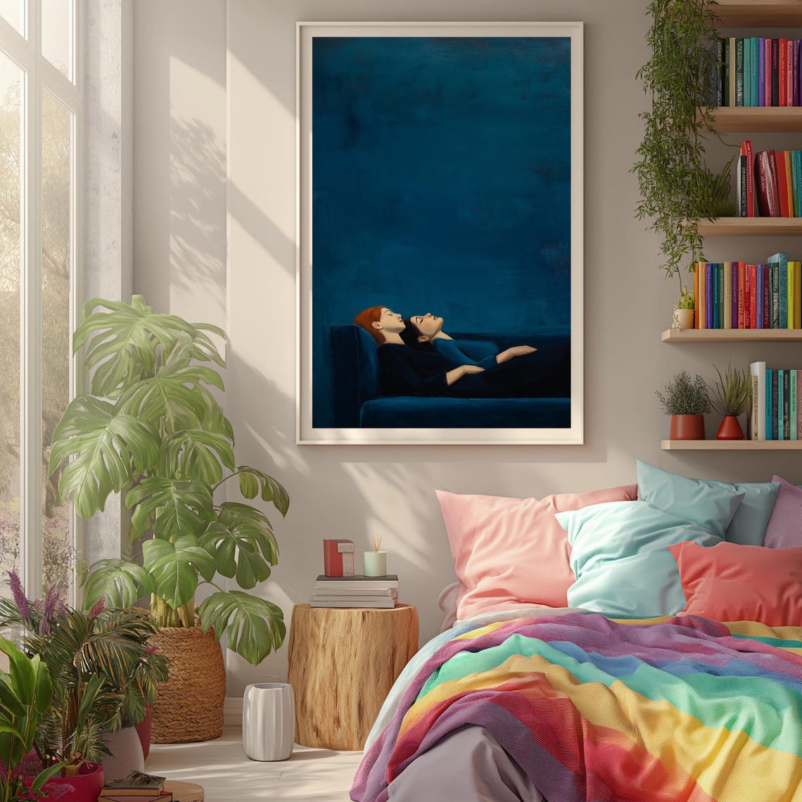 Intimate Couple Embrace on a Deep Blue Couch Modern Art Poster